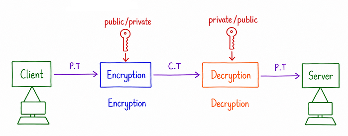 Diagram showing a client encrypting plaintext into ciphertext using one key while the server decrypts that ciphertext back into plaintext using a different, mathematically related key