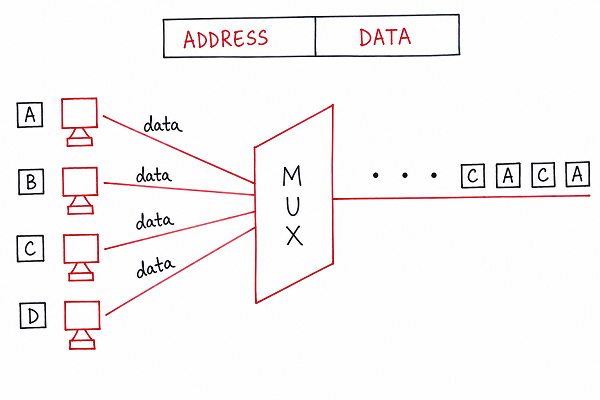 Diagram showing sources A, B, and C connected to a multiplexer, with each source receiving a fixed, repeating time slot across the first, second, and third frames