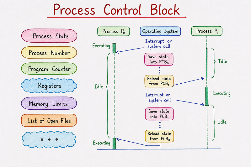 Diagram showing the fields of a Process Control Block and how the operating system switches between two processes using their PCBs