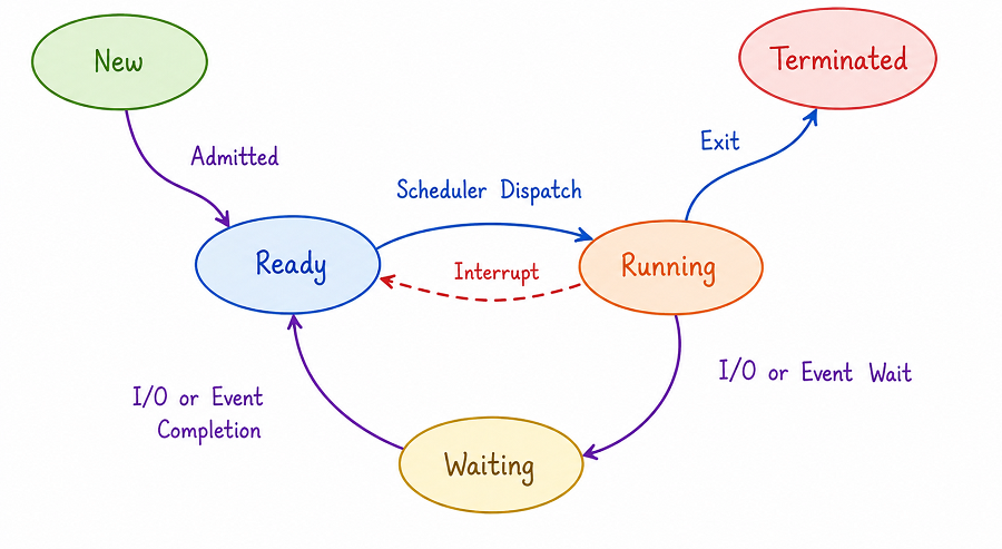 Diagram showing the five process states — New, Ready, Running, Waiting, and Terminated — and the transitions between them