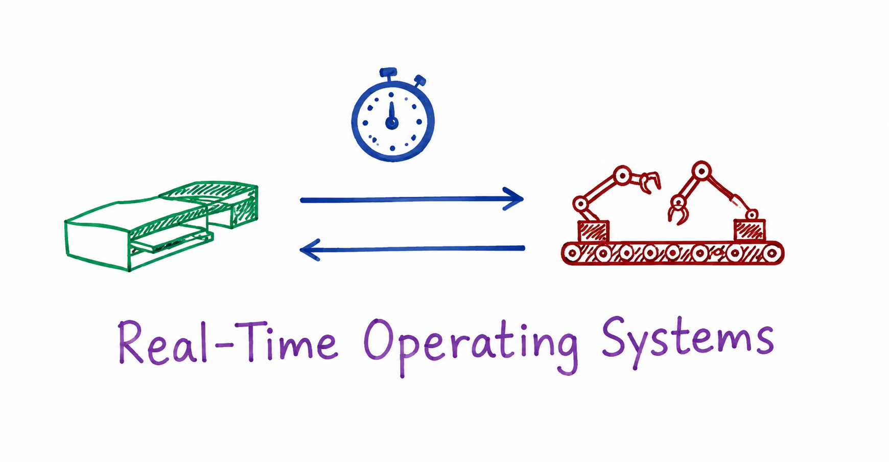 Diagram showing a sensor device and a robotic arm exchanging signals within a strict time limit, monitored by a stopwatch