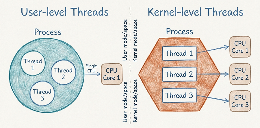 Diagram comparing User-level Threads managed entirely in user mode with Kernel-level Threads managed by the kernel and mapped to separate CPU cores