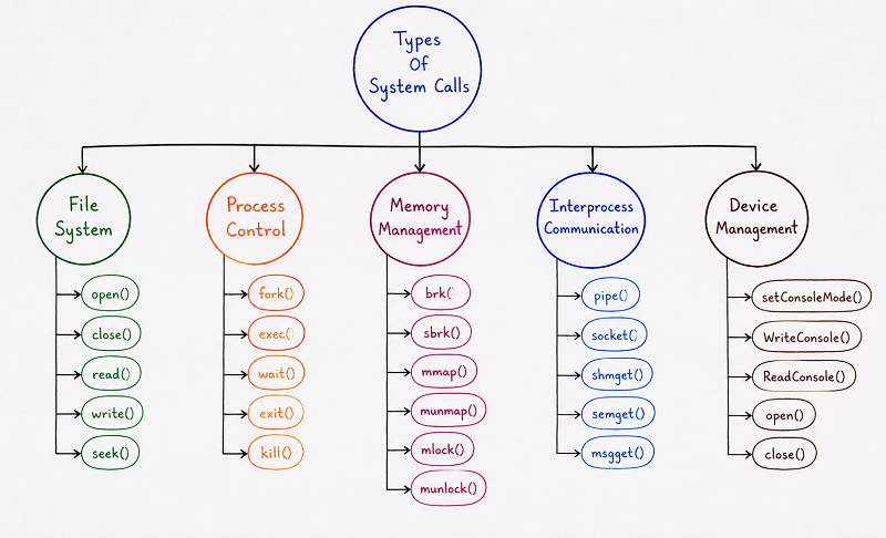 Diagram showing five categories of system calls — File System, Process Control, Memory Management, Interprocess Communication, and Device Management — with example function names under each