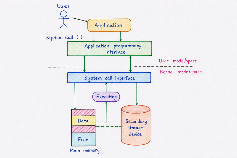 Diagram showing how a system call moves a request from a user application through the API and system call interface into kernel mode