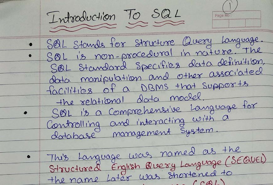 SQL handwritten notes PDF for B.Tech CS and MCA students